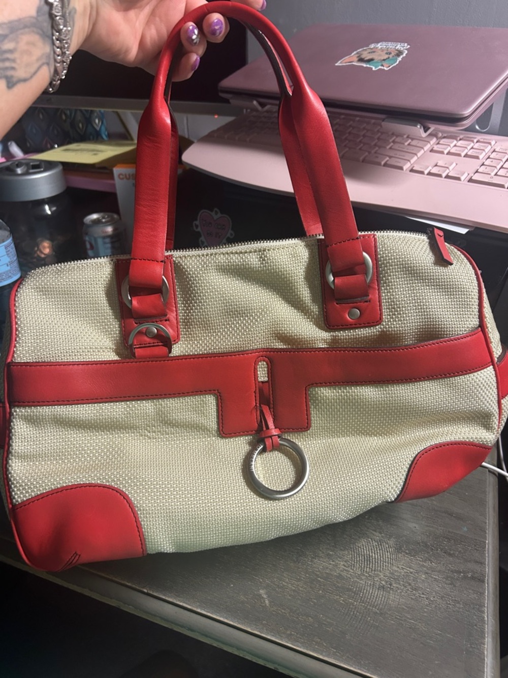 Antonio Melani Neutral Canvas and Red Trim Satchel Bag